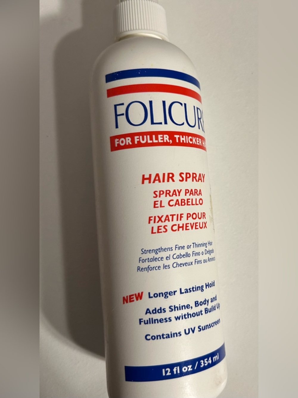 Folicure Hair Spray - White Bottle with Red & Blue Accents